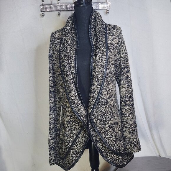 Sioni Black and Gray Boucle Trimmed in Faux Leather Chunky Sweater Cardigan Sz L - Picture 1 of 16